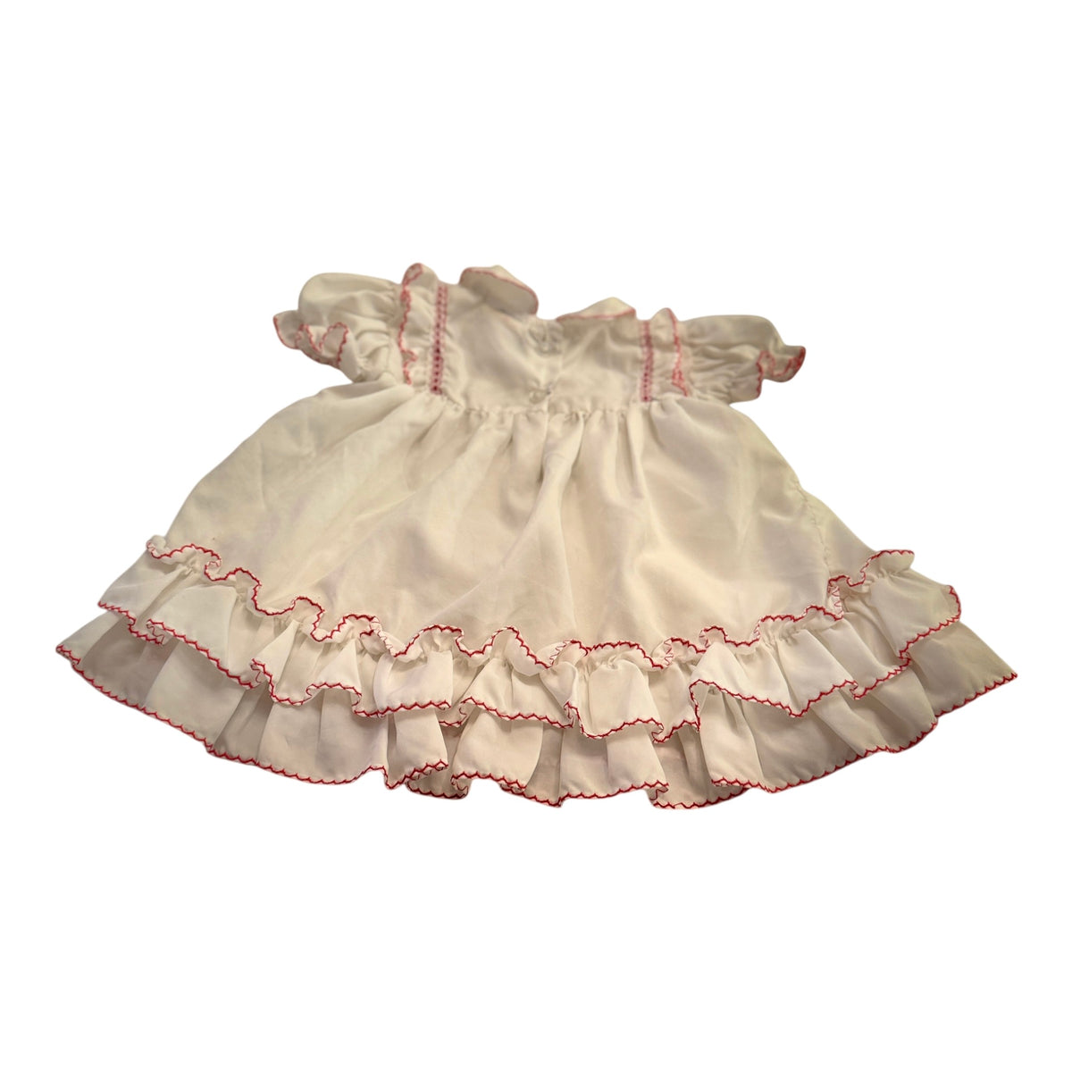 Vintage Preowned White Ruffled Baby Dress with Red Trim and Ribbon Embellishment