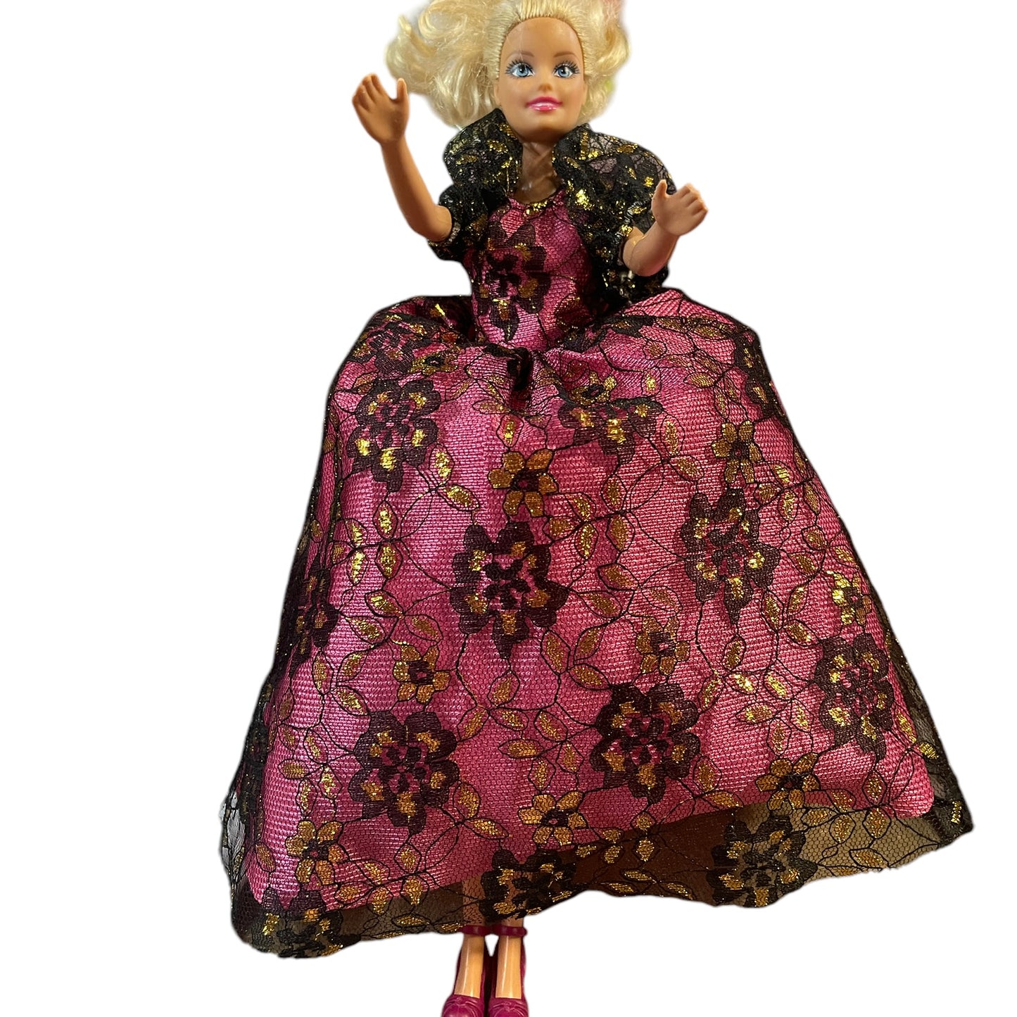 Mattel 2010 Barbie, Long Blond Curls, Ballgown with Black/Gold Lace Overlay & Ankle Strap Shoes in EUC