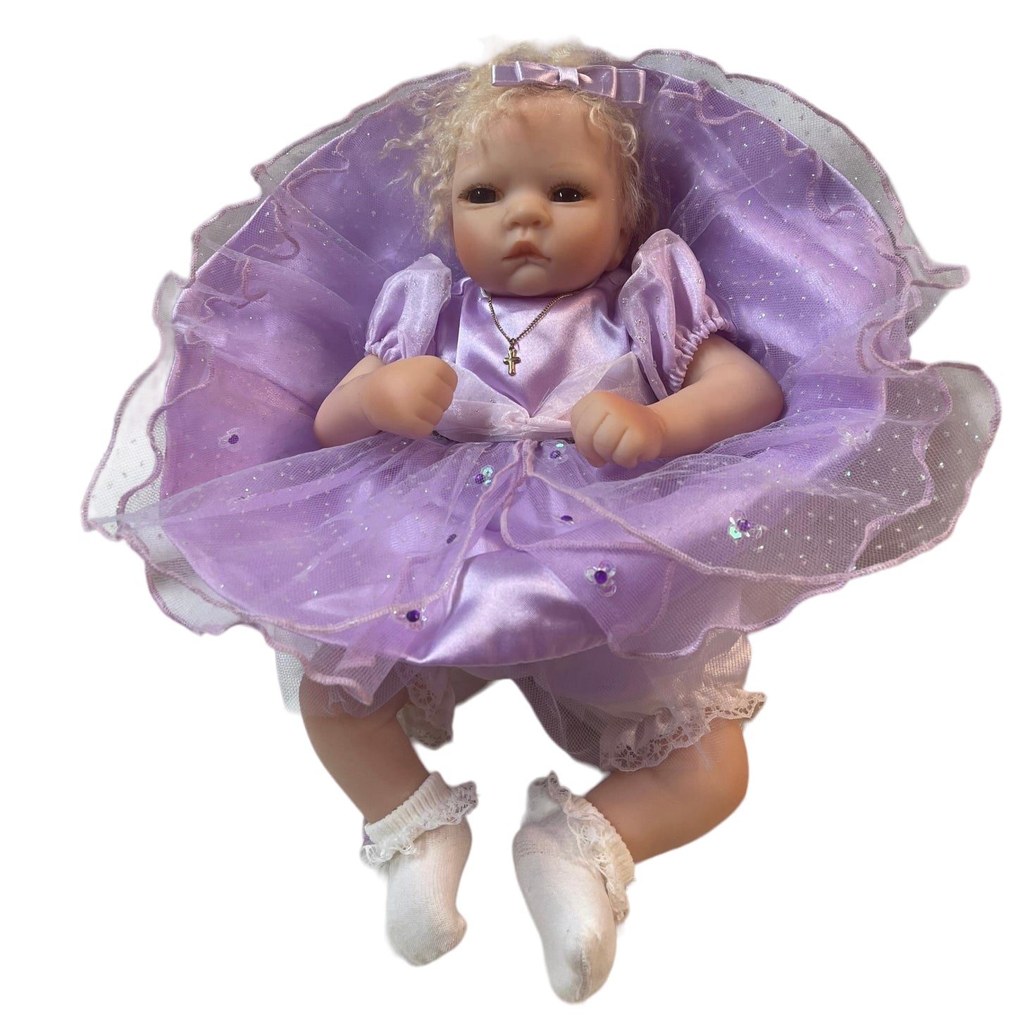 Precious Grace, Realistic Musical Vinyl Baby Doll by Ashton Drake 13.5" in EUC Silver Cross