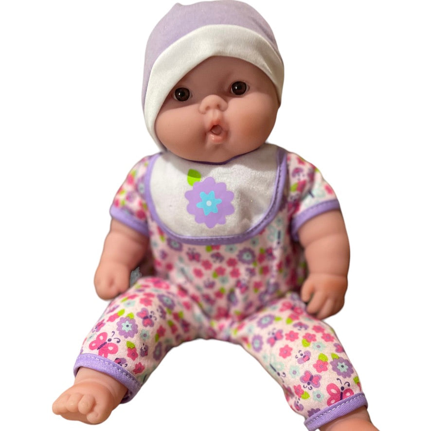 Berenguer 12" Vinyl & Cloth Baby Doll with Shiny Brown Eyes & Cute Floral Onesie