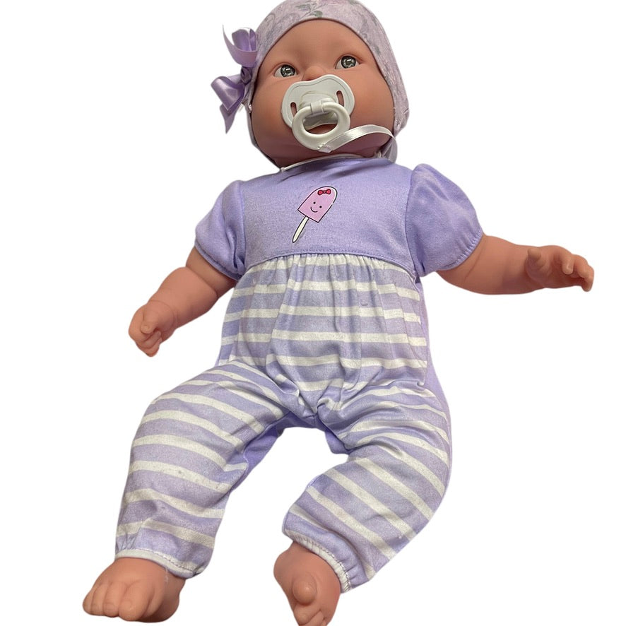 JC Toys La Newborn Real Baby Doll 18", Soother, Handmade Hat, Lavender Romper & Blanket