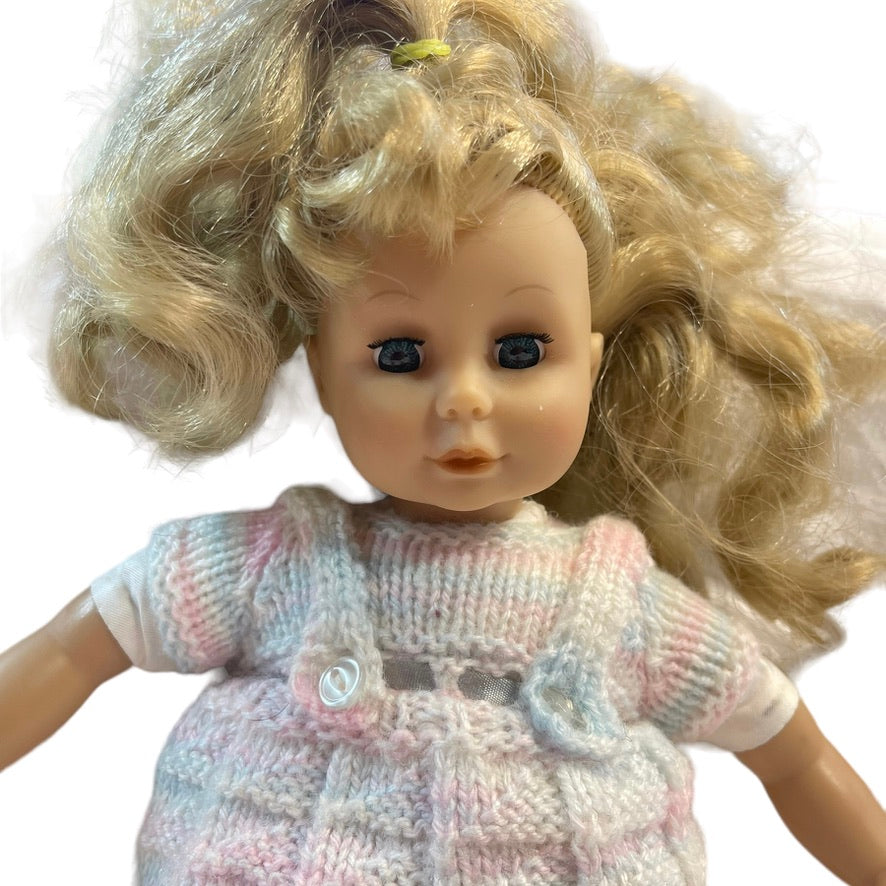 Lovely German Made 12" Blond/Blue Eyed Vinyl Doll with Soft Body & Vintage KnIt Outfit