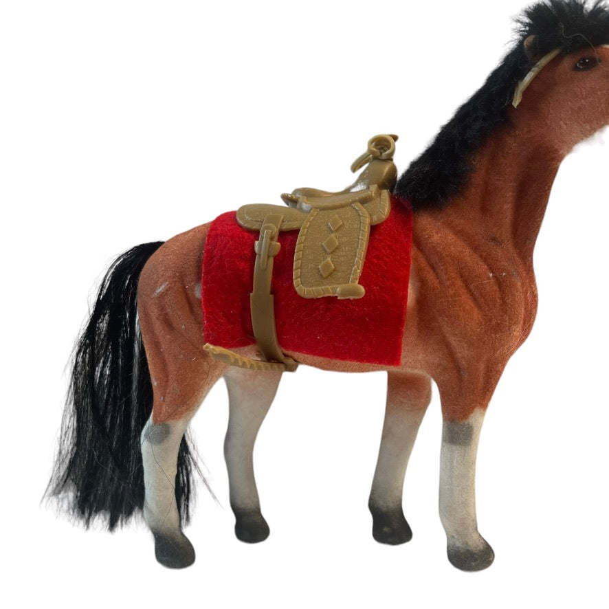 Vintage Toy Plastic Velvet Flocked Coated Felt Brown Horse & Saddle