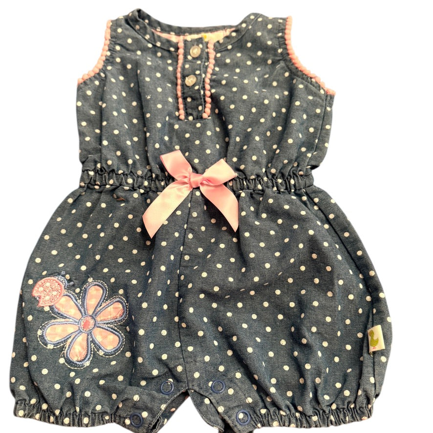 Duck Duck Goose Denim Blue Romper with Pink Polka Dots, Satin Bow and a Pretty Applique