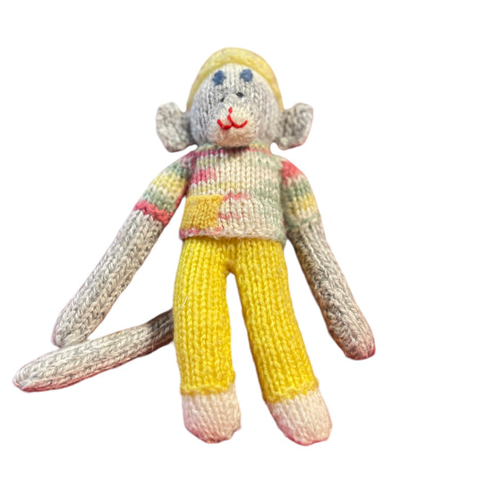 Hand Crafted Grey 9" Monkey, Variegated T-Shirt, Yellow Knit Pants & Cap and Embroidered Face