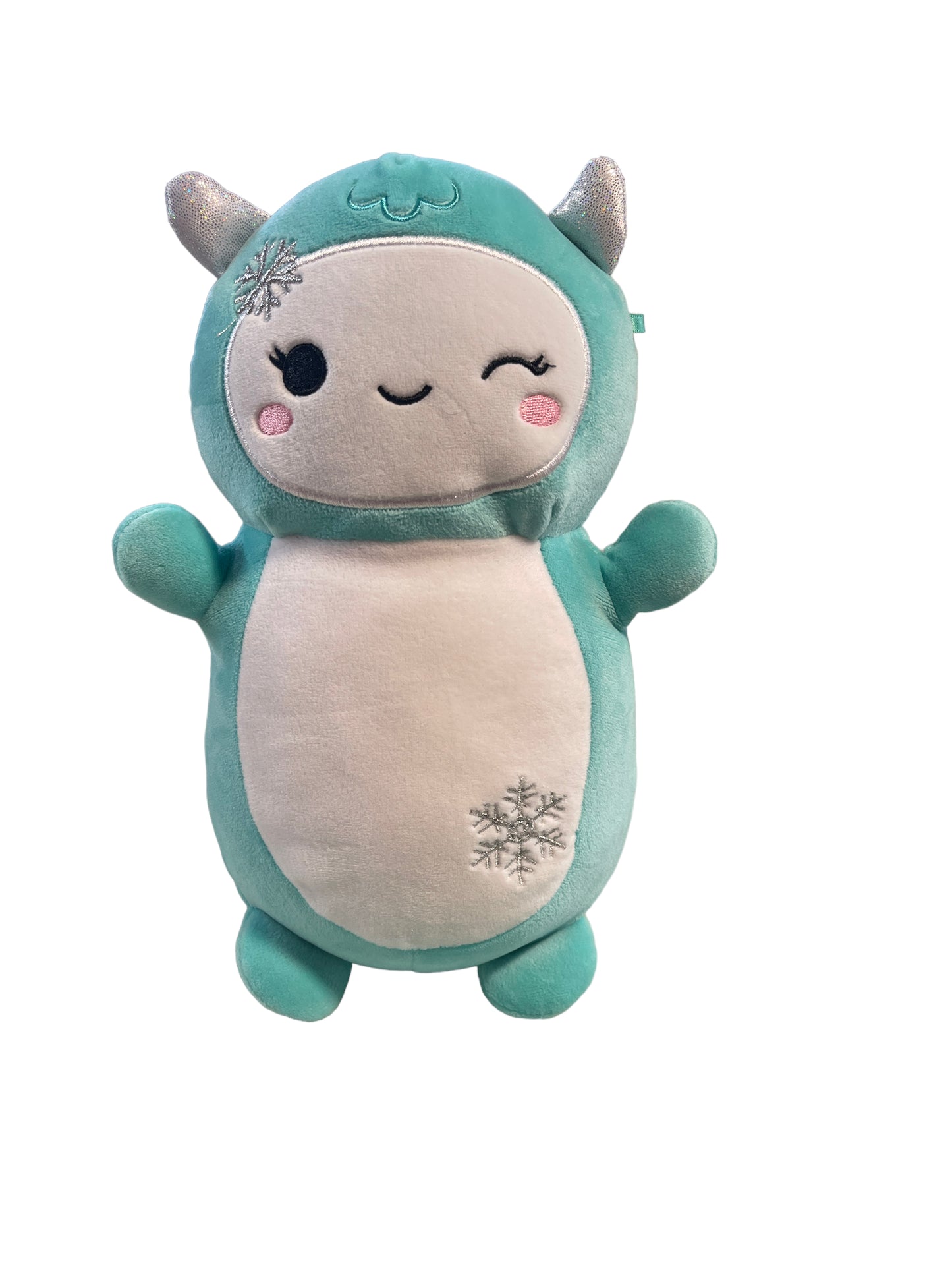 Squishmallow Hug Mee Yollie the Yeti Plush, Aqua with Silver Snowflakes & White Belly EUC