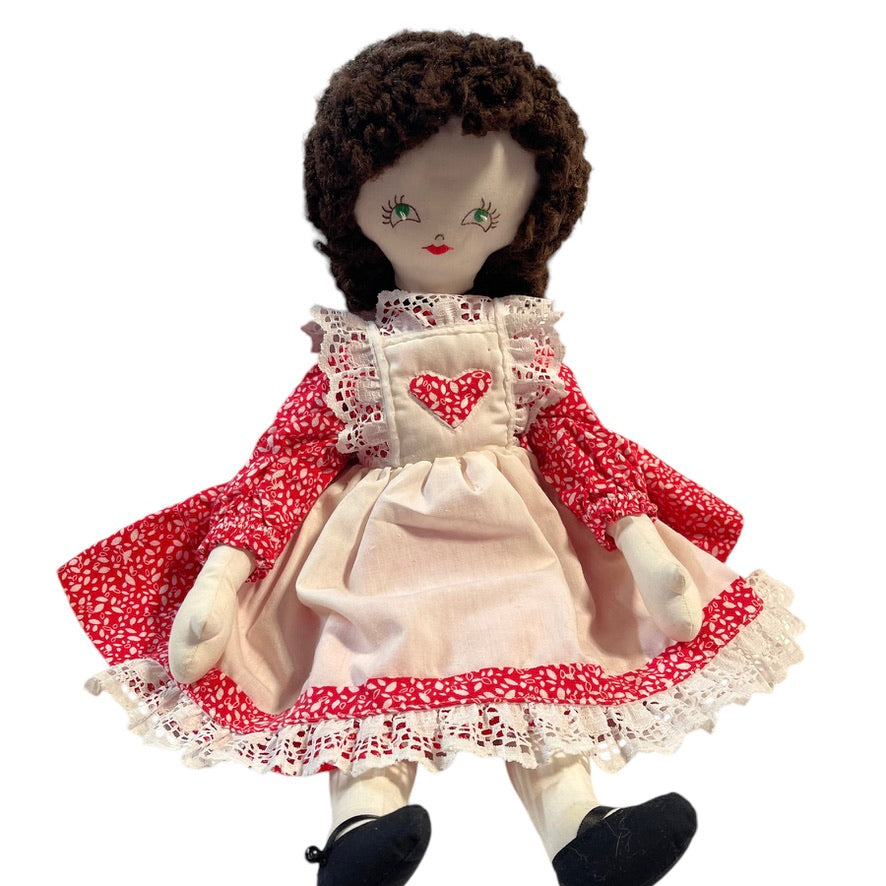 Handmade 18" Vintage Rag Doll Brunette, Blue Embroidered Eyes, Red Print Dress &White Pinafore