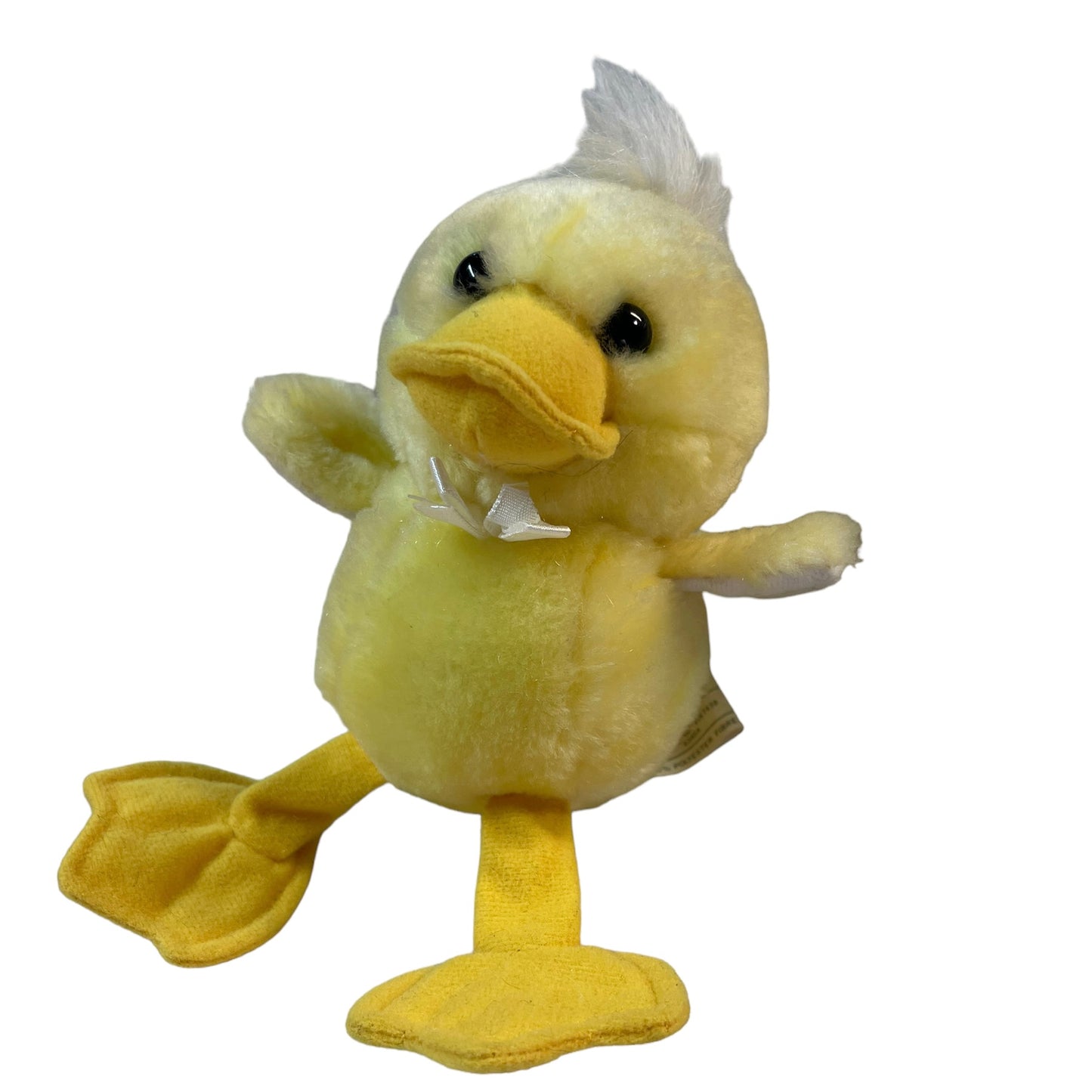 Yellow Duck Plush Rattle 6"Seated, Long Legs, Floppy Feet, Puff of Hair, Satin Bow