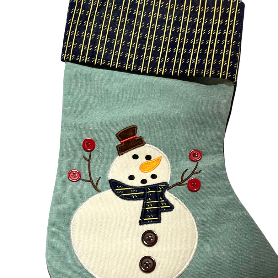 Fabric Christmas Stocking with Appliqued Snowman Complete with Button Accents