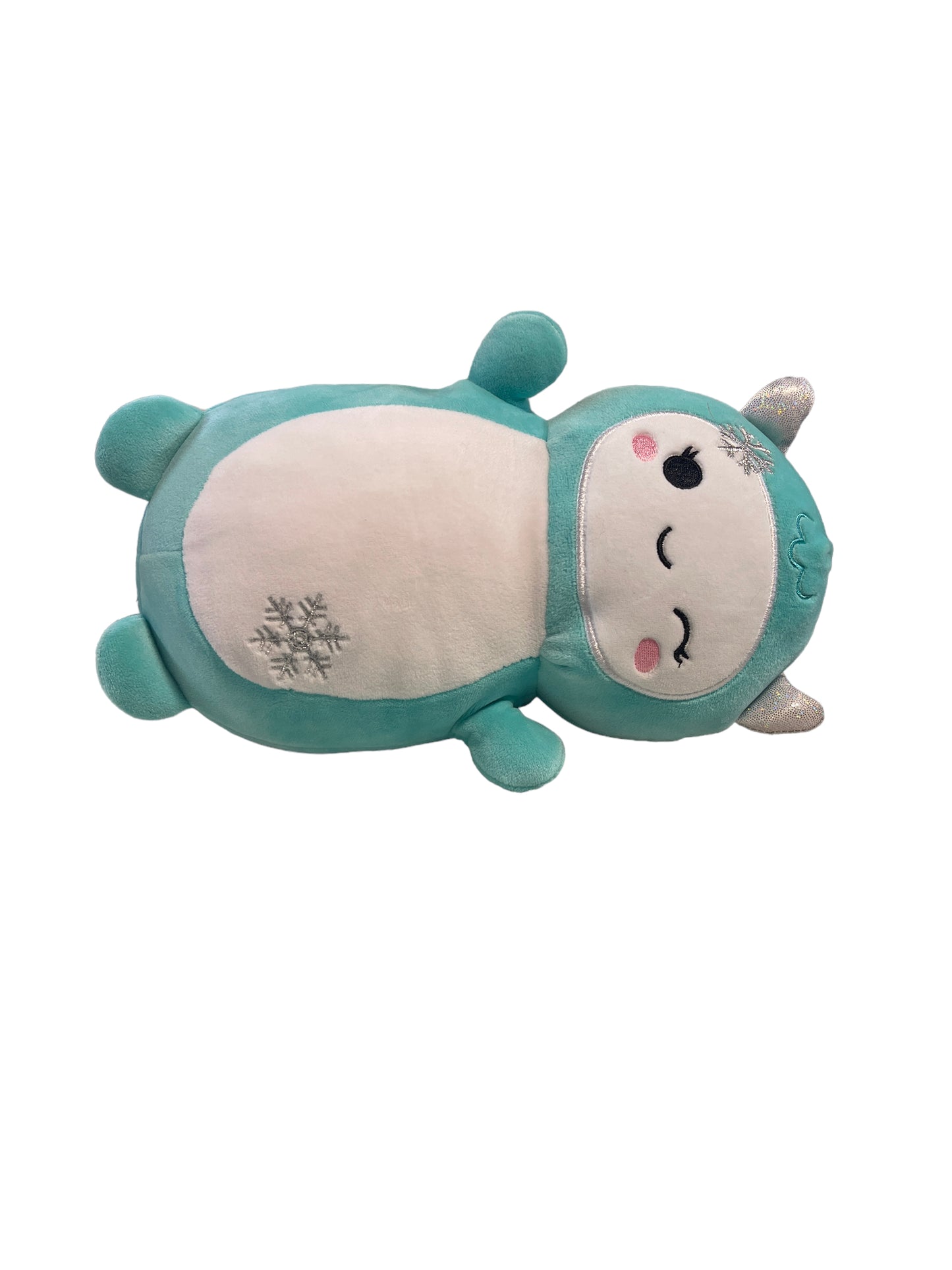 Squishmallow Hug Mee Yollie the Yeti Plush, Aqua with Silver Snowflakes & White Belly EUC