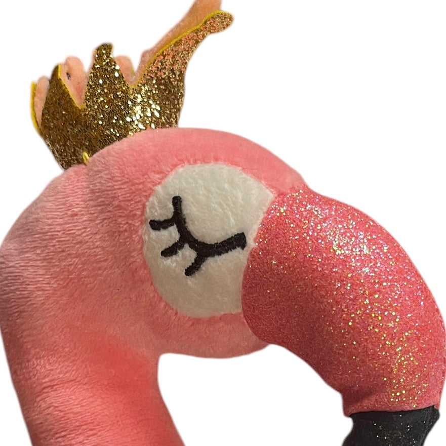 Pink Flamingo, Fluffy,Shiny and Very Sparkly!, Gold Crown, Embroidered Closed Eyes, Long Legs!