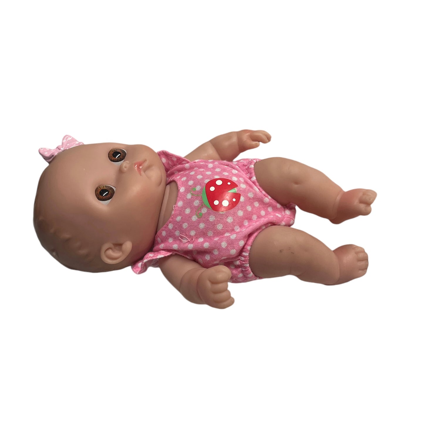 9" Berenguer Posable Pouting L'il Cutie Vinyl Baby Doll, Vinyl Bow & Sweet Ladybug Romper EUC