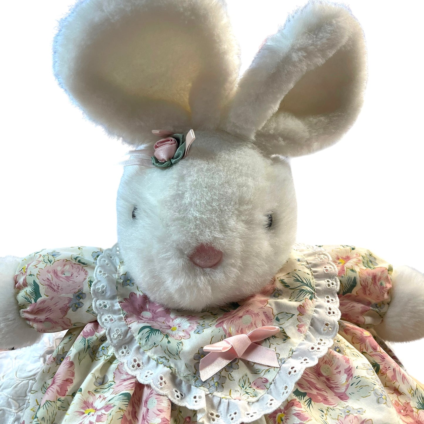 Vintage Bunny in Floral Dress with Pink Nose & Satin Rose 20" in Excellent Preowned Condition