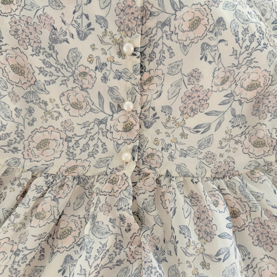 Bohemian Haute Hippie Floral Print Dress, Size 6 Empire Flounce, Long Sleeves,Pearl Buttons