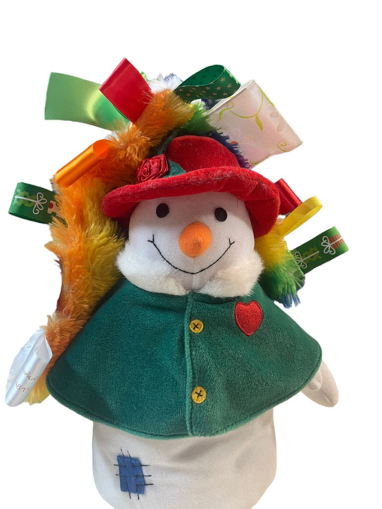 Snowman, Weighted Flat Bottom with Green Velvet Cape, Carrot Nose & Rainbow Tug