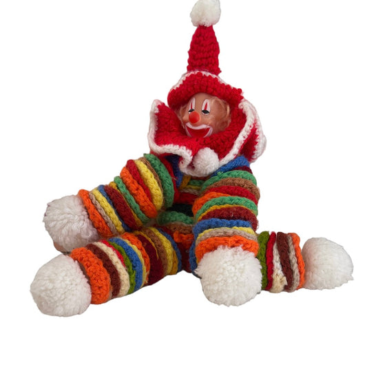 Handmade Crocheted Clown, Colourful, Vintage, Vinyl Face Pompom Hands & Feet