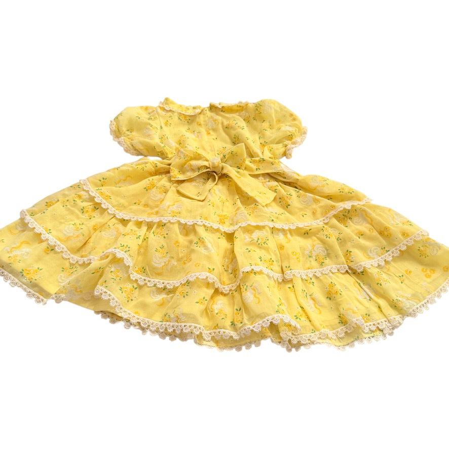 Dainty Textured Yellow Floral Print Vintage Tiered Toddler Dress, Crochet Lace Trim, Tie Waist