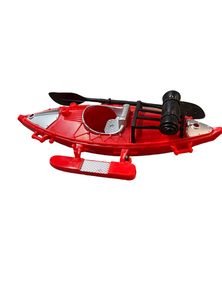 Red Plastic Kayak with Paddle, Black and Silver Accents in GUC