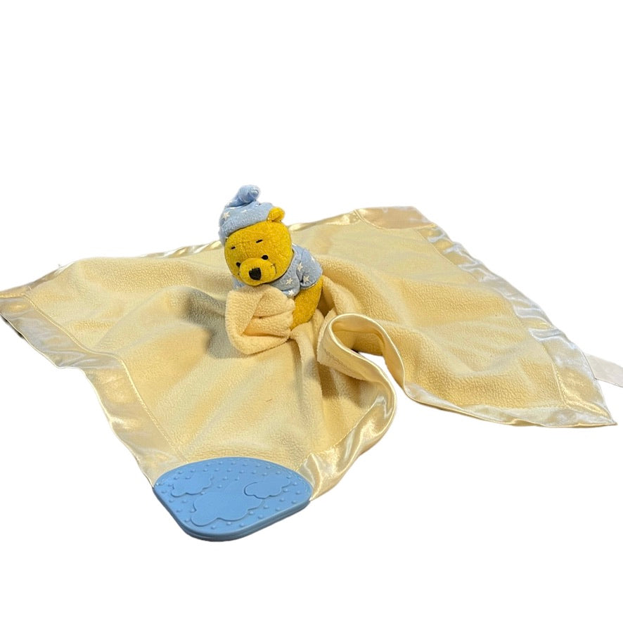 Disney Winnie the Pooh Security Lovey Blanket Yellow Satin Edged with Blue Teether