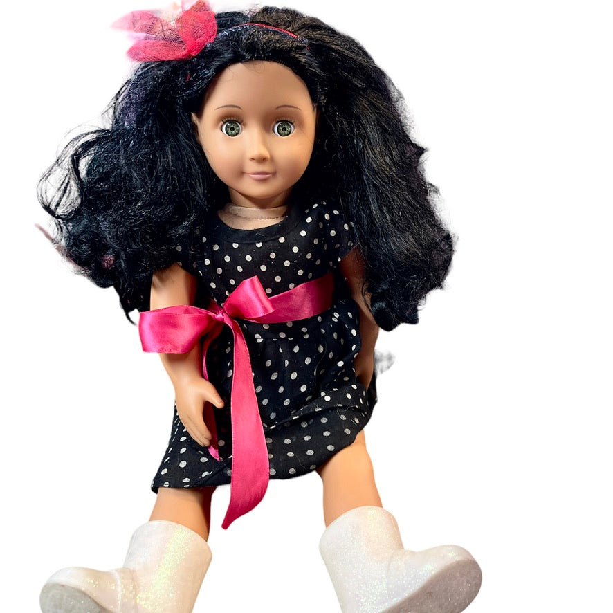 Our Generation Doll by Battat, Beautiful Hispanic/African with Long Luxurious Hair Polka Dot Dress and Shiny Boots