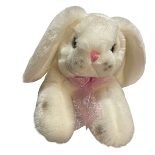 Ultra Soft White Plush Lop Eared Bunny, Black Spots, Weighted Bean Bottom. Pink Satin Nose