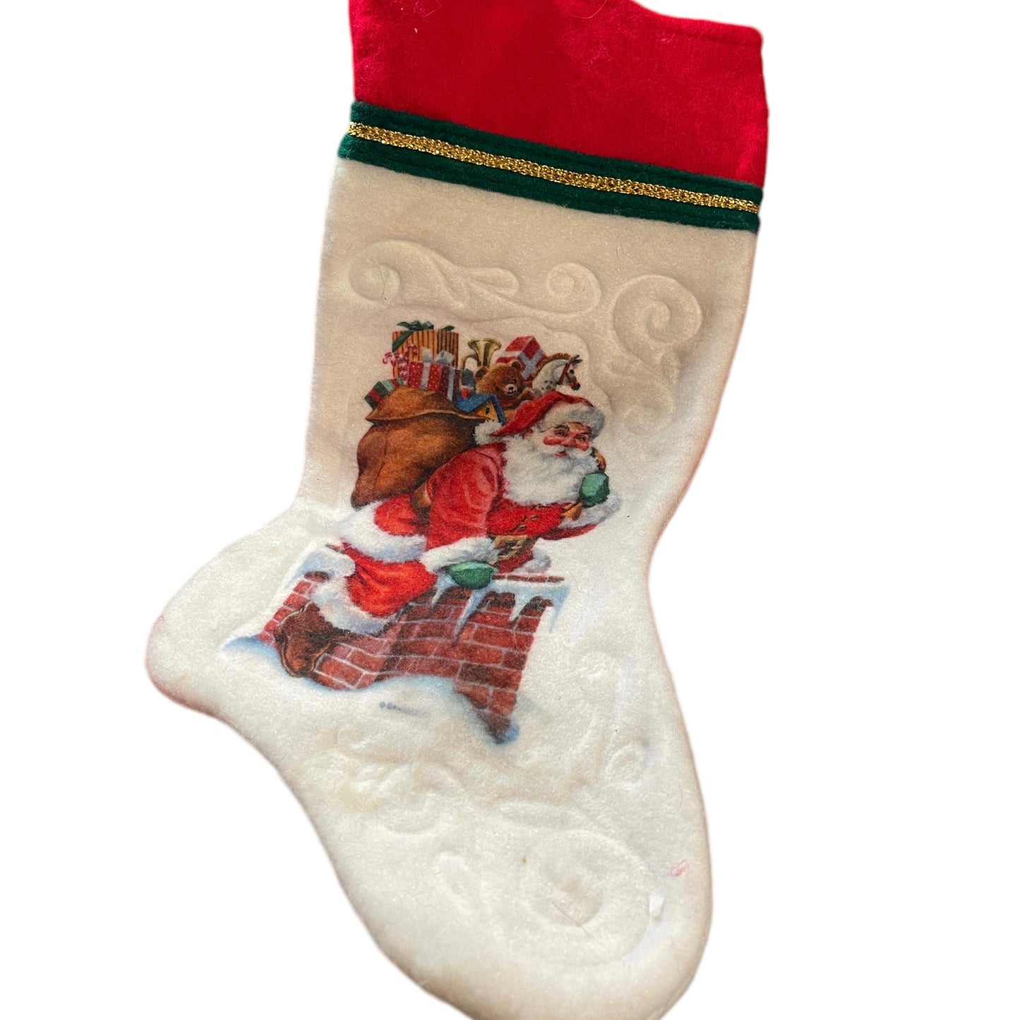 Vintage Print Christmas Stocking, 'Santa Going Down the Chimney' Felt 15" Tall, 8" Foot in EUC