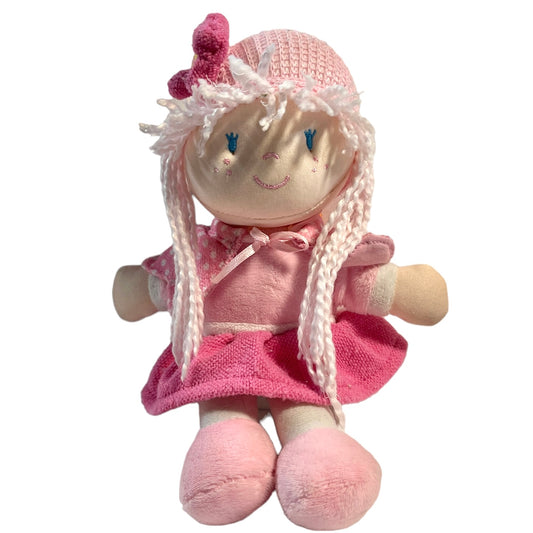 Nulife Pink Soft Bodied 9" Baby Doll with Pink Yarn Hair, Embroidered Face, and Sweet Pink Outfit