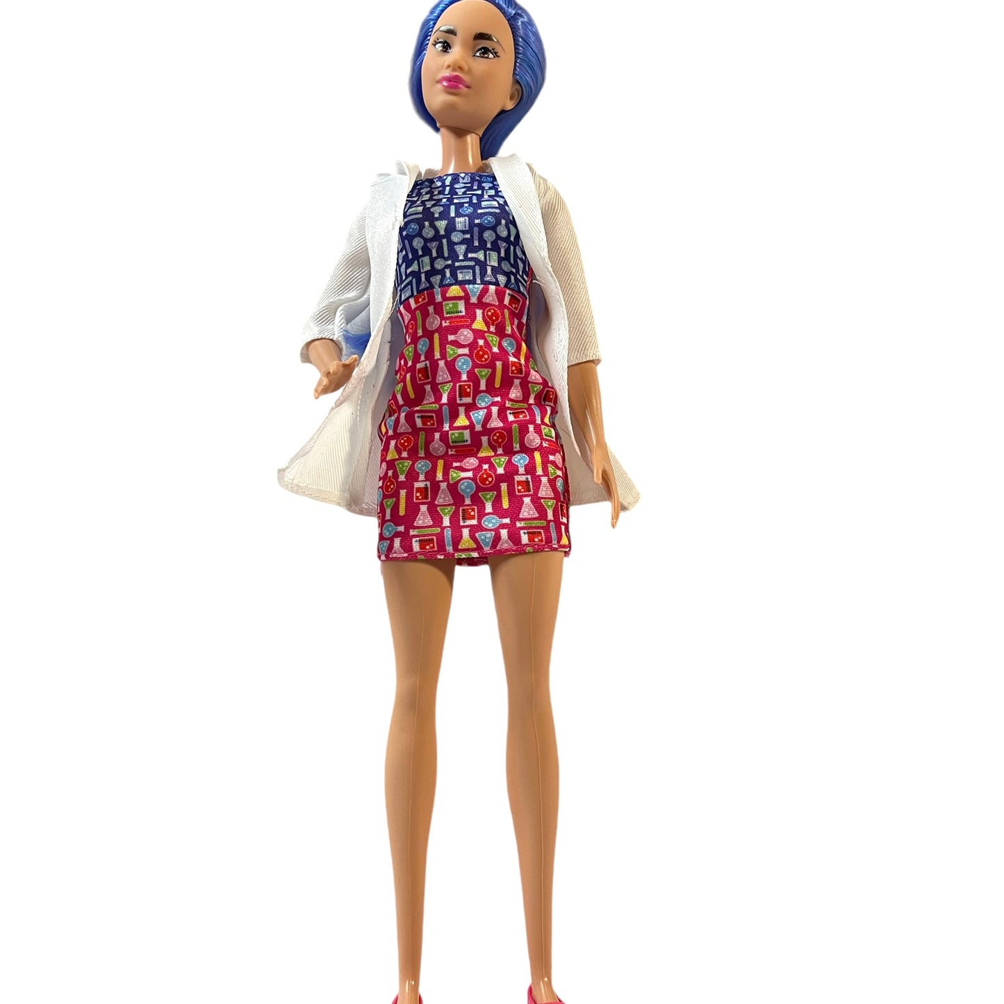 Barbie Scientist Doll,  Blue Hair, Pink & Blue Print Dress, Matching Pink Flats and Lab Coat GUC Mattel