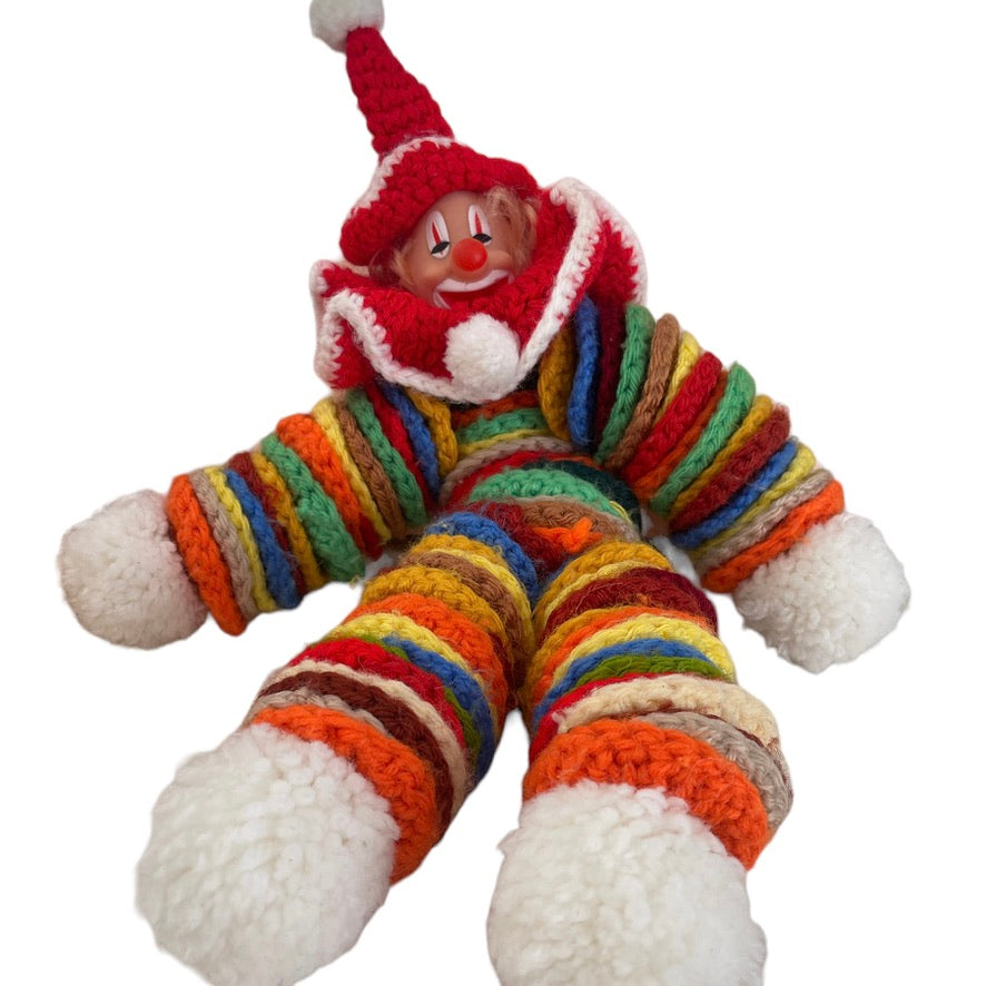 Handmade Crocheted Clown, Colourful, Vintage, Vinyl Face Pompom Hands & Feet