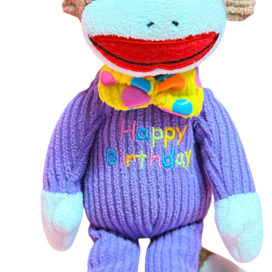 Retired Ty 'Happy Birthday' Sock Monkey, 11", Corduroy Body, Button Eyes, Party Hat & Tie!