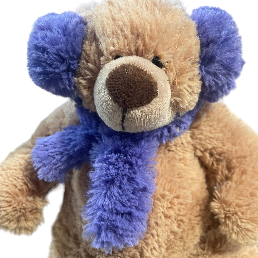 Beverly Hills Teddy Bear Company 11" Fluffy Tan Stuffed Bear with Purple Ear Muffs and Scarf