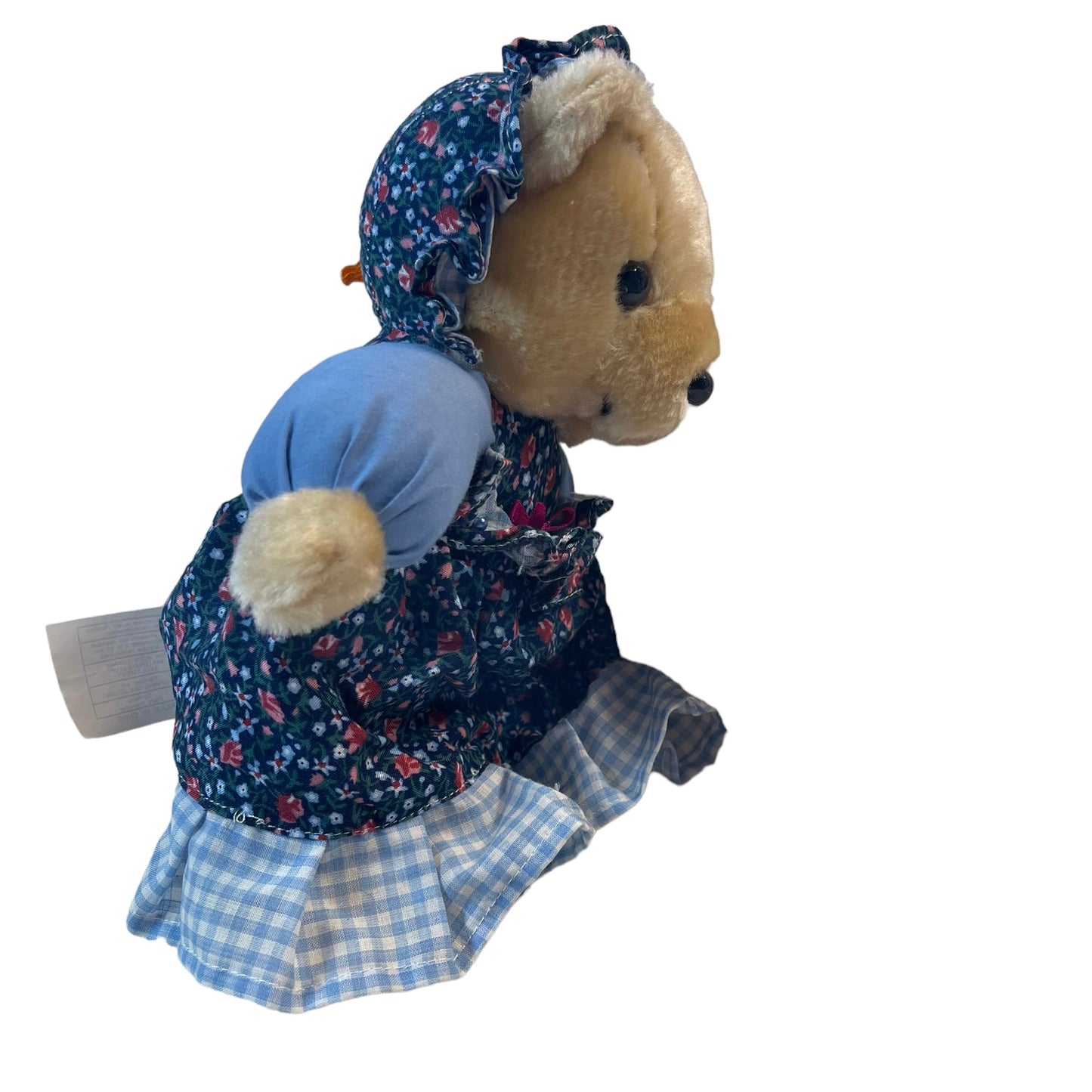 Vintage 10" Teddy Bear in Blue Floral & Gingham Dress and Hat in GUC