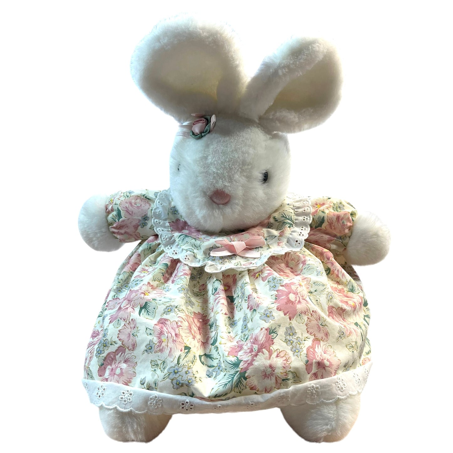 Vintage Bunny in Floral Dress with Pink Nose & Satin Rose 20" in Excellent Preowned Condition