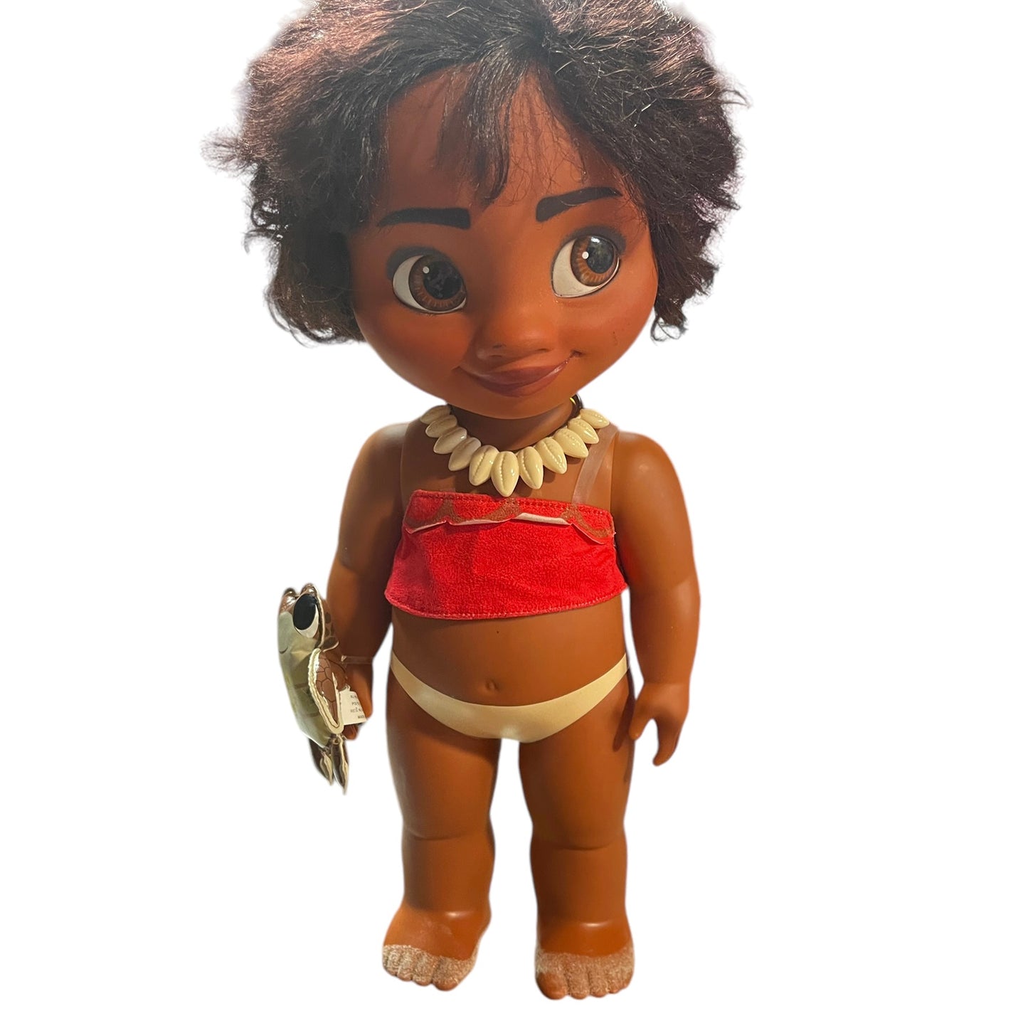 Disney, Moana, 15" Vinyl Doll with Sandy Feet & Black Curly Hair Shell Necklace, Vinyl Turtle