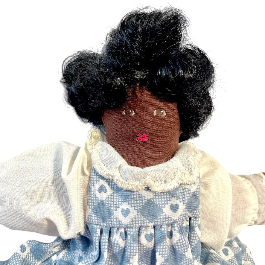 African American 8" Folk Art Doll, Painted Face, Dainty White Blouse & Bleachers Blue Calico Dress