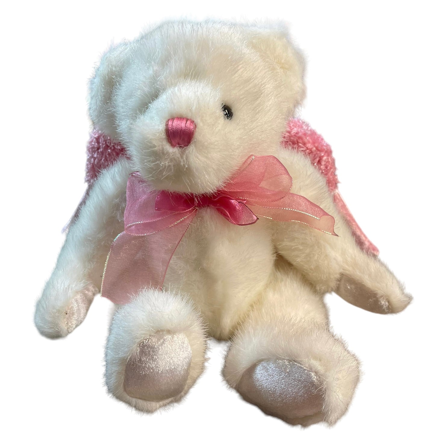 Dandee Angel Bear Plush, While & Pink with Sparkly Pink Wings and Satin Accents.