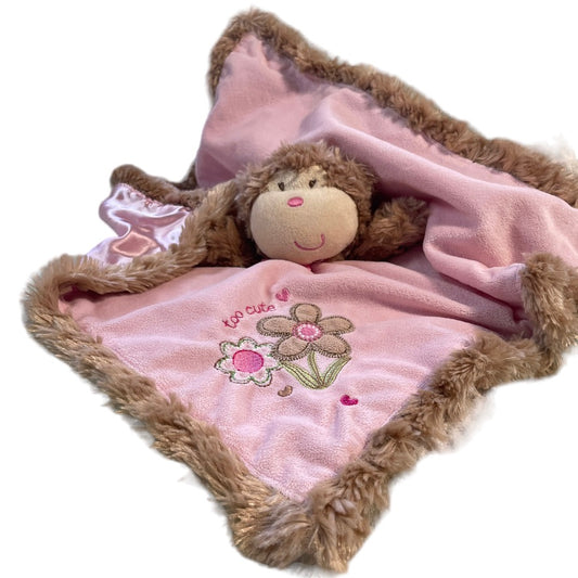 Monkey Lovey Security Blanket Rattle, Baby Starters, 'too cute', Embroidery,  Pink Minky, Satin Backing