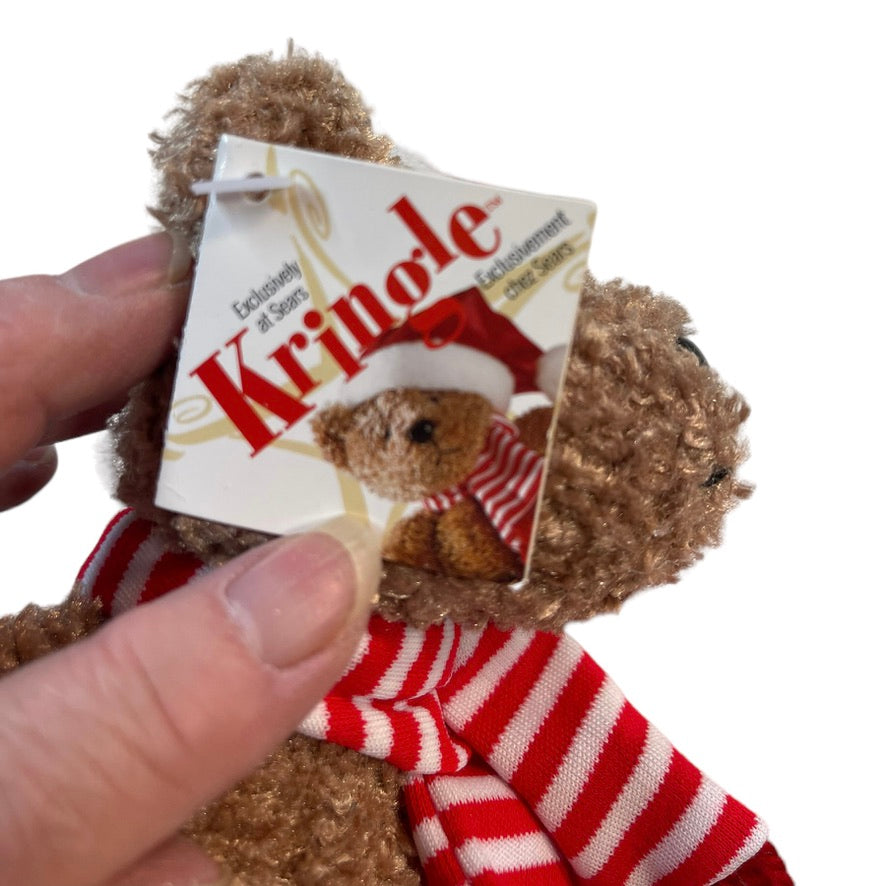 Vintage Sears Canada Christmas Charity Plush Brown Bear, Santa Hat, Striped Scarf