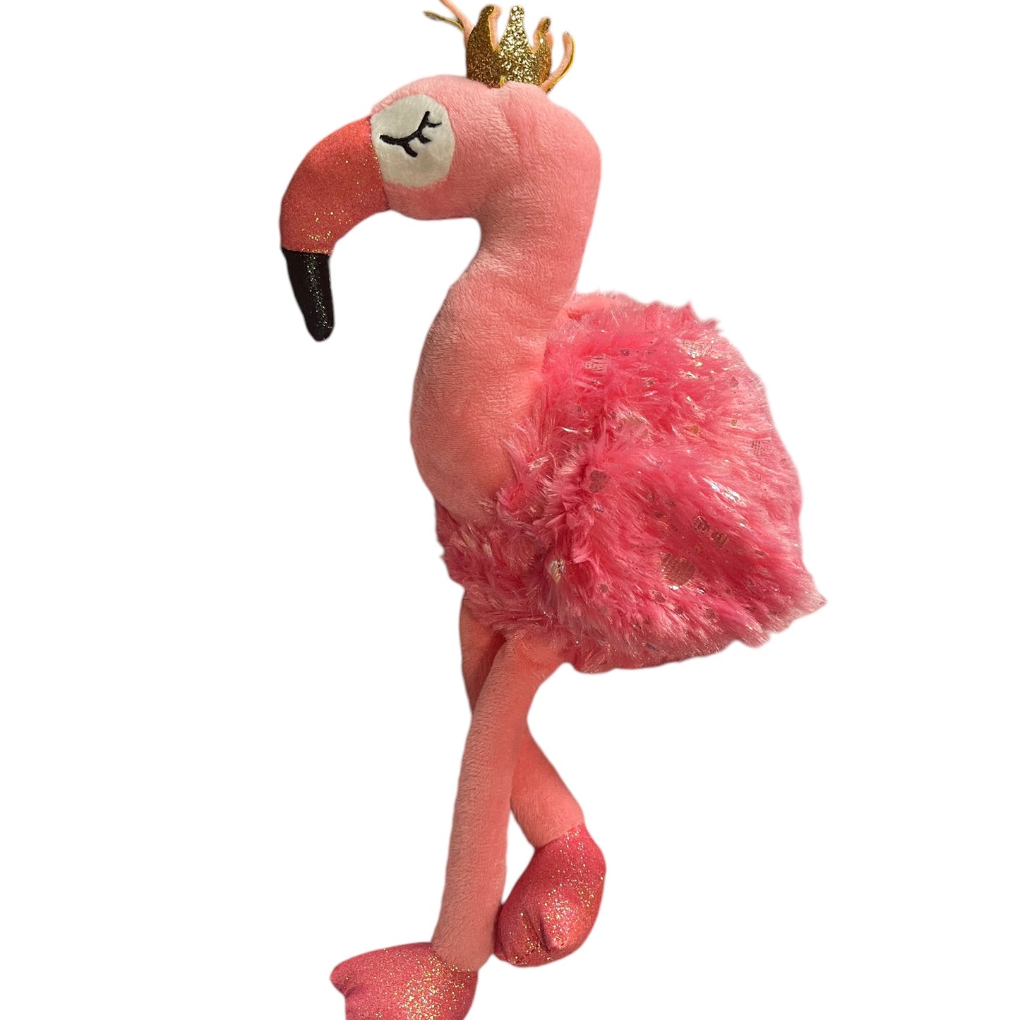 Pink Flamingo, Fluffy,Shiny and Very Sparkly!, Gold Crown, Embroidered Closed Eyes, Long Legs!