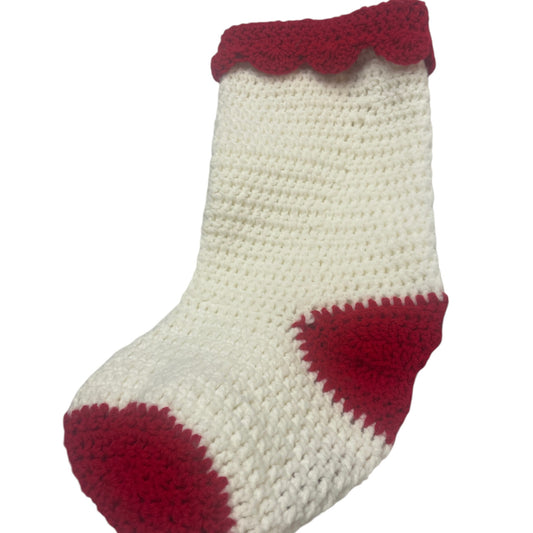 Chunky White and Red Hand Knit/Crochet Christmas Stocking, Scalloped Cuff in GUC