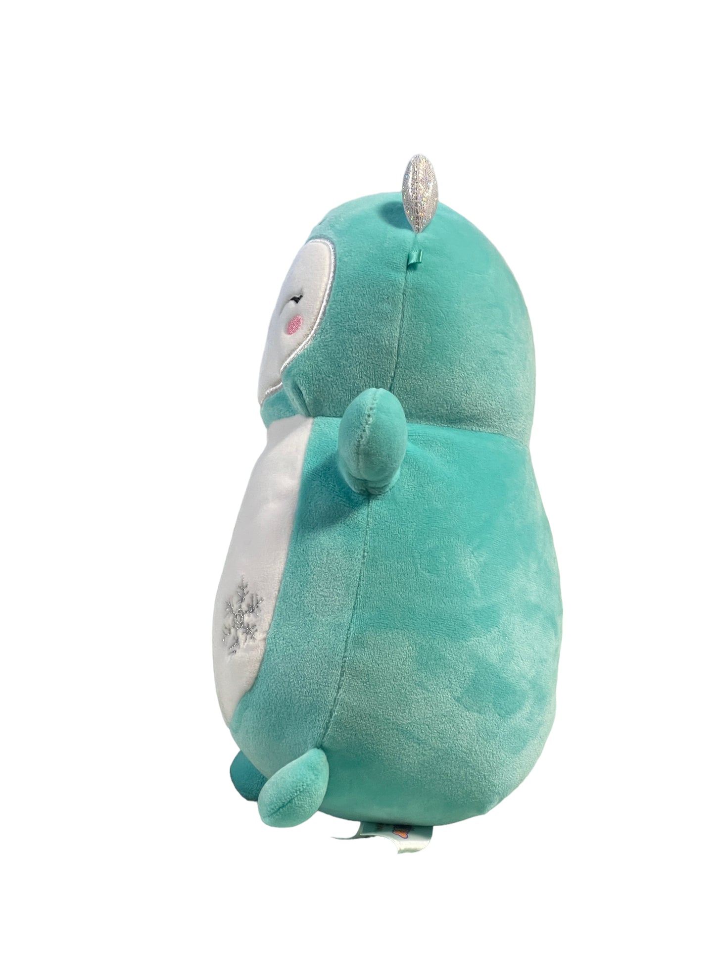 Squishmallow Hug Mee Yollie the Yeti Plush, Aqua with Silver Snowflakes & White Belly EUC