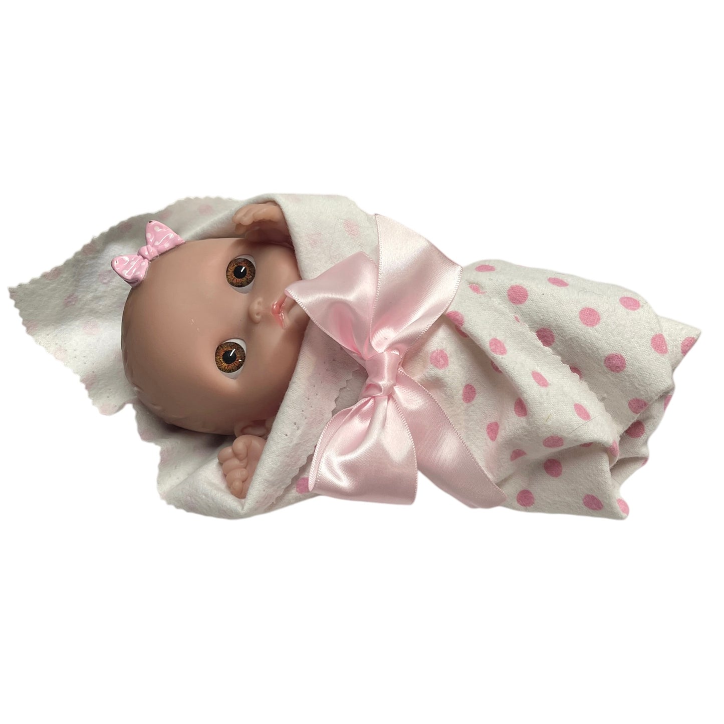 9" Berenguer Posable Pouting L'il Cutie Vinyl Baby Doll, Vinyl Bow & Sweet Ladybug Romper EUC