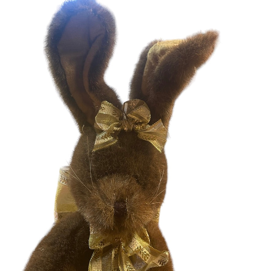 Chocolate Brown 18" Stuffed Plush Bunny Rabbit, Jointed Legs, Gold ribbon