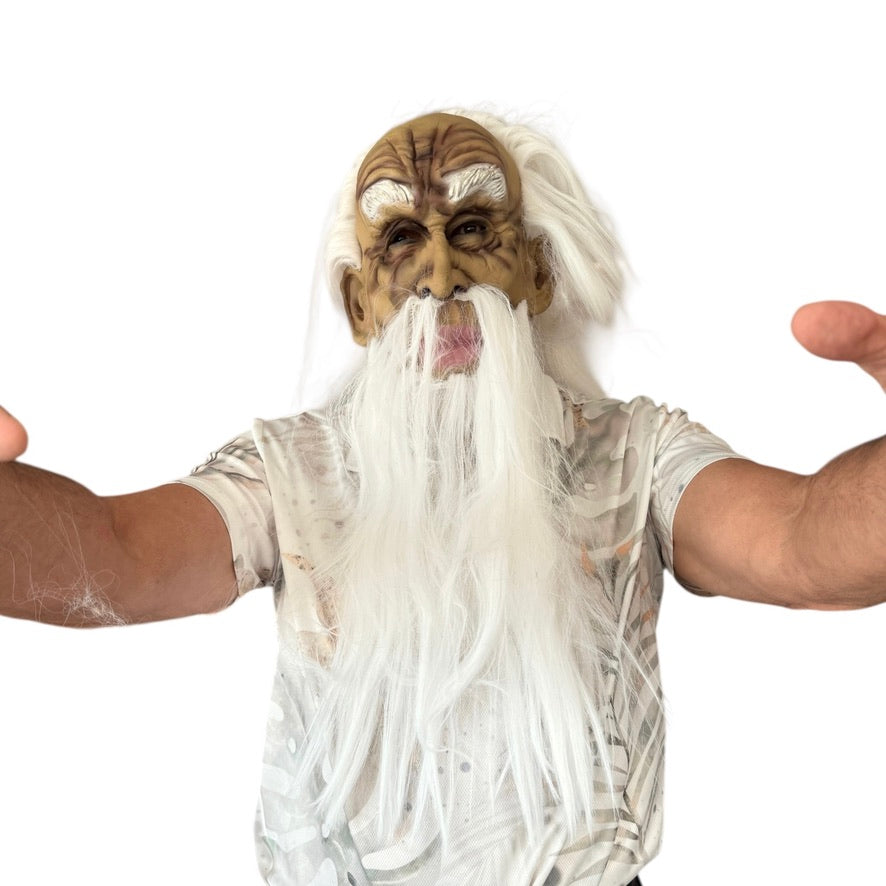 Halloween Mask of Ghoulish Old Man, with Long White Hair, Beard, Fu Manchu & Bushy Eyebrows