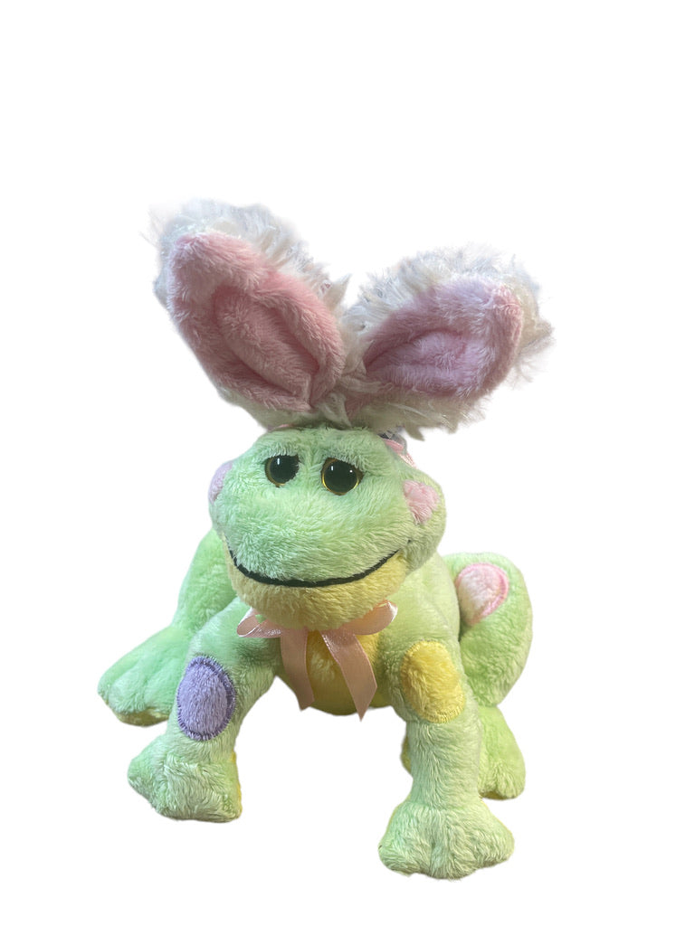 Charming Ganz "Frabbit", Green Frog With Rabbit Ears, Pastel Embroidered Easter Eggs & Pink Bow