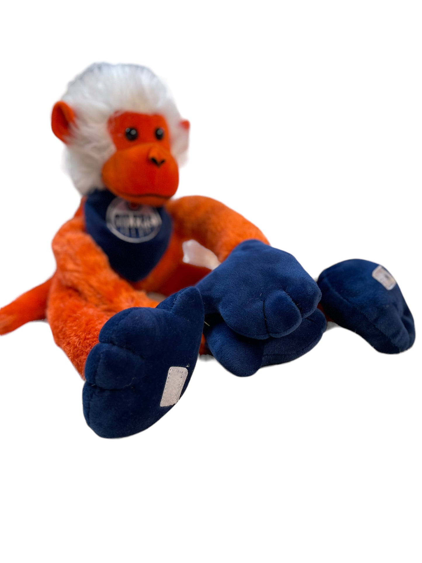 Oiler's Hanging Monkey 16" Orange & Blue with White Hair and Bandana, Velvet Accents