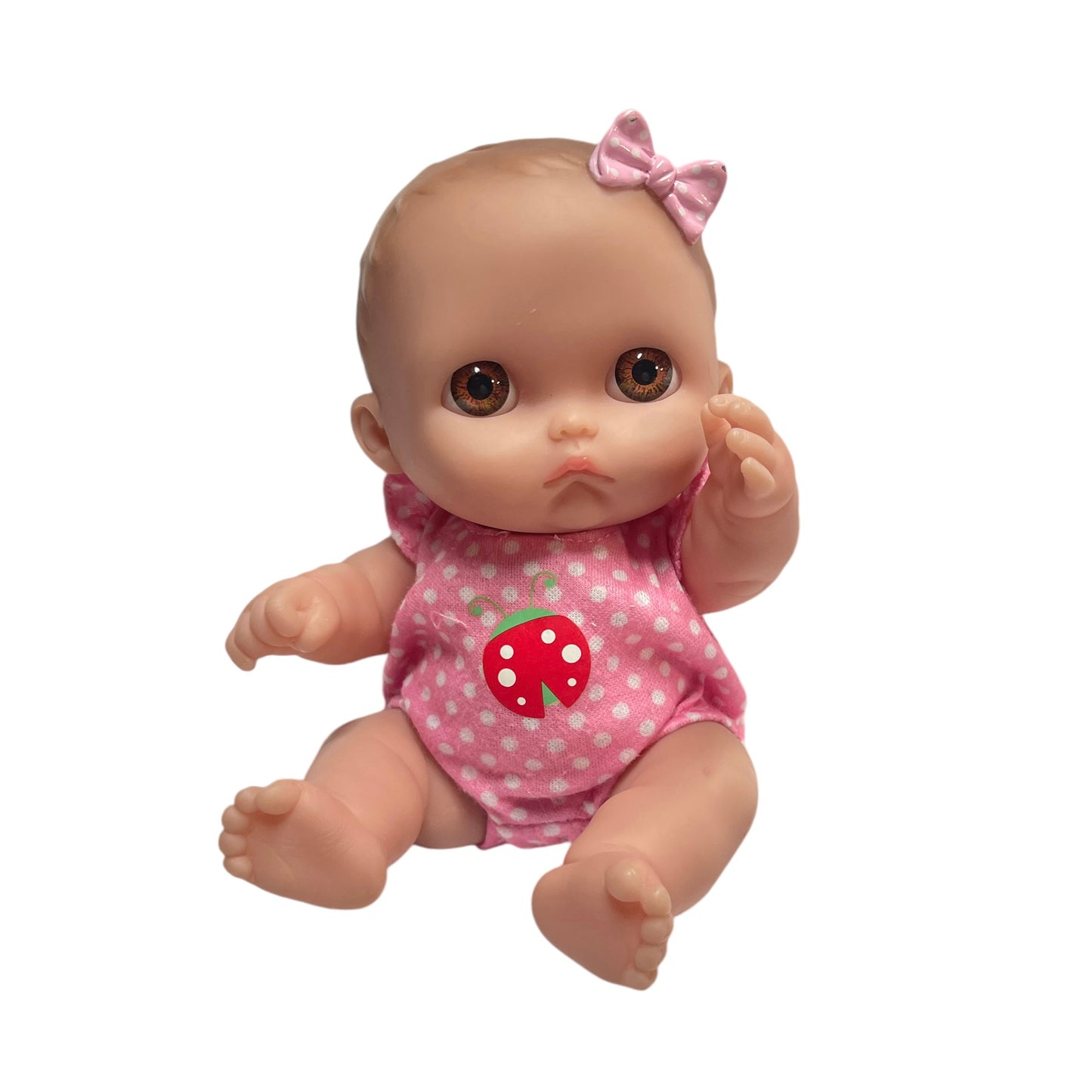 9" Berenguer Posable Pouting L'il Cutie Vinyl Baby Doll, Vinyl Bow & Sweet Ladybug Romper EUC