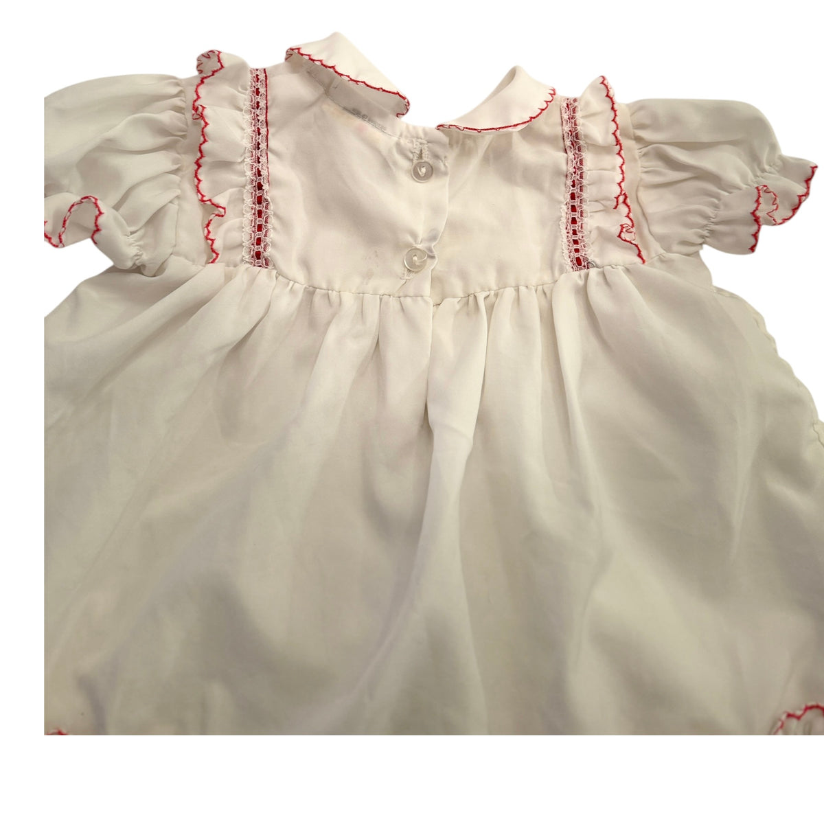 Vintage Preowned White Ruffled Baby Dress with Red Trim and Ribbon Embellishment