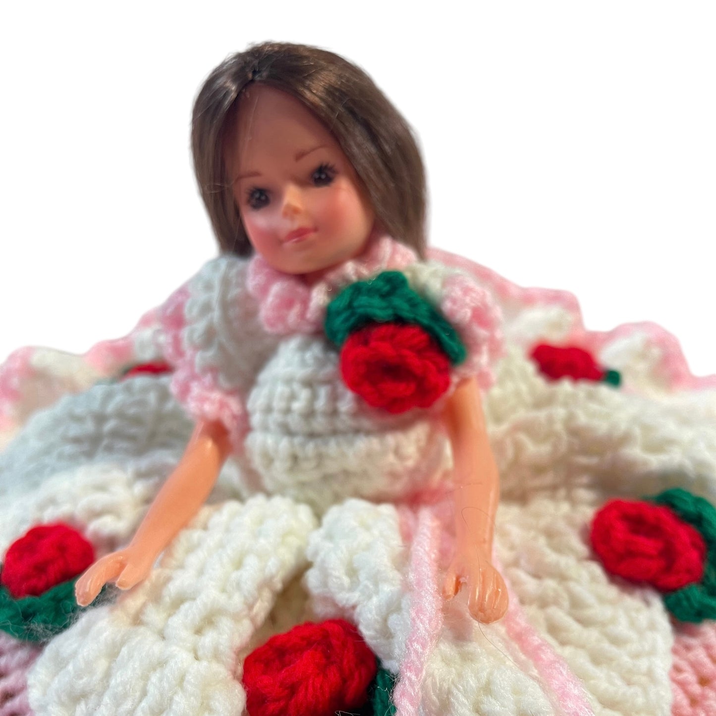 Vintage Crochet Bed Sitter Doll, Pink & White Dress. Embellished with Red Roses & Green Leaves