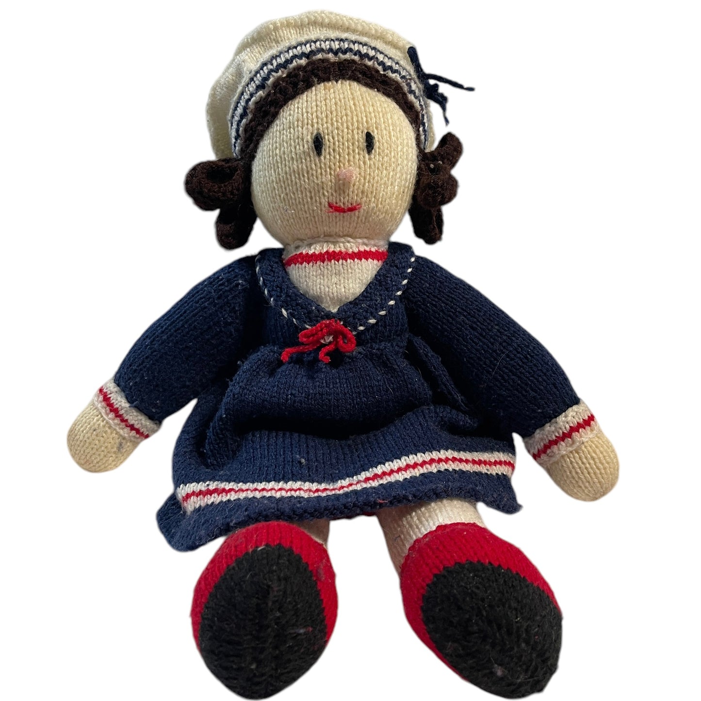 Jean Greenough Designs Vintage Hand Knit/ Crocheted 17" Sailor Girl Doll Preloved in Good Condition